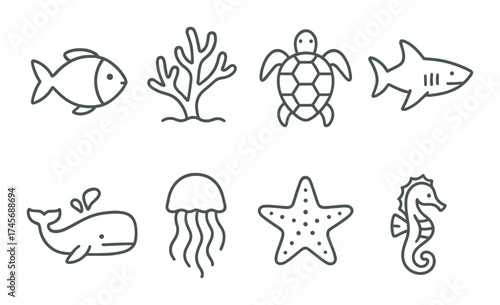 Outlined marine life icons: fish, coral, turtle, shark, whale, jellyfish, starfish, seahorse