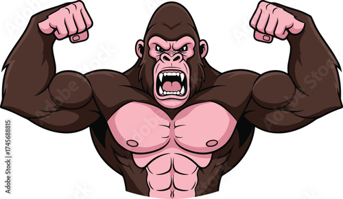 Strong muscular gorilla cartoon illustration, aggressive animal flexing arms, powerful beast artwork, wild jungle strength design, cad drawing flat vector illustration