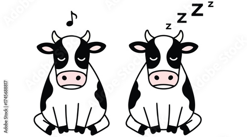 Vector art of two cute cows, one is singing a song and the other is sleeping