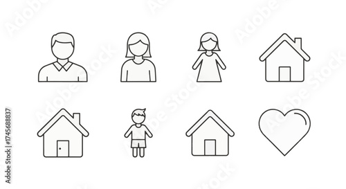 Family icons set in a minimal outline style. Clean monochrome line icons of people, a house, and a heart. Real estate and insurance concept symbols on a white background