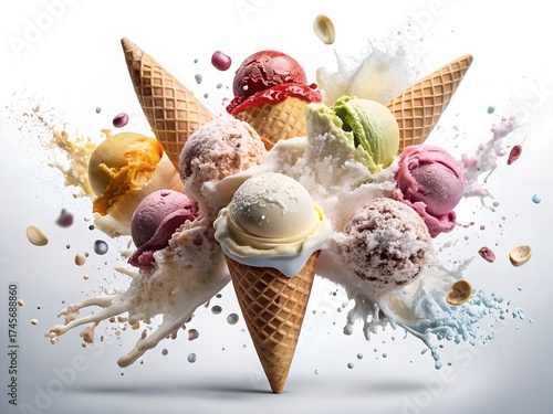 Assortment of ice cream cones with splashes of cream isolated on white background