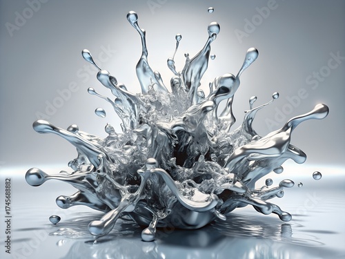Abstract splash of liquid metal or mercury in a dynamic explosion shape