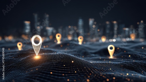 creative glowing digital mesh with map markers on illuminated night city backdrop geo position and location concept double exposure no logos no brands ar 169