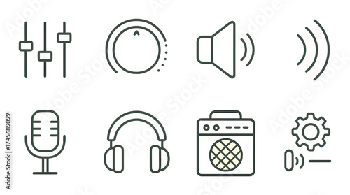 Audio equipment icons: mixer, knob, speaker, microphone, headphones, amplifier, volume