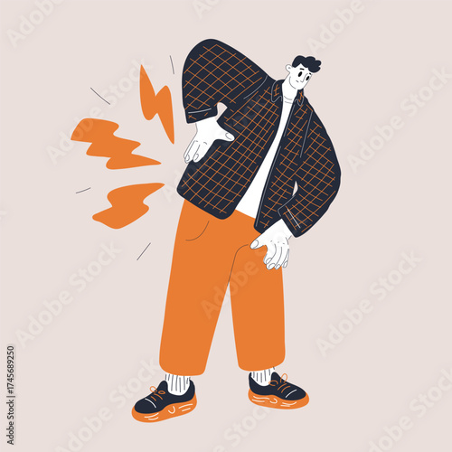 Cartoon vector illustration of a man with back pain as a metaphor for stress, overwork, and the importance of self-care