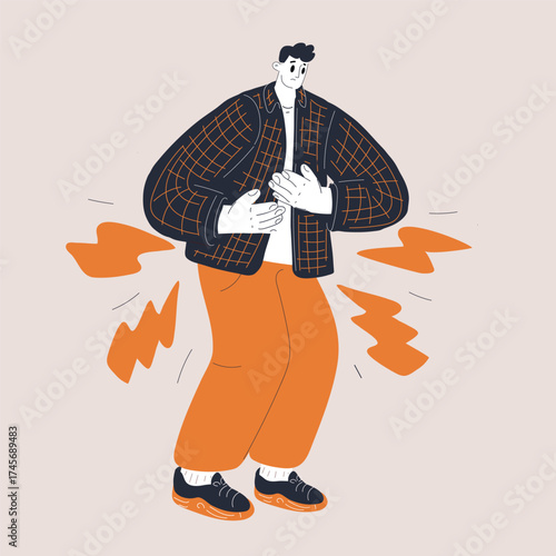 Cartoon vector illustration of a man with stomach pain as a metaphor for discomfort, unhealthy lifestyle, and need for self-care