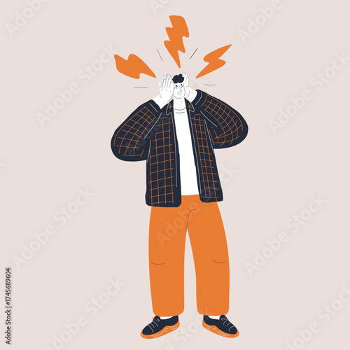 Cartoon vector illustration of a man with headache as a metaphor for stress, fatigue, and mental overload