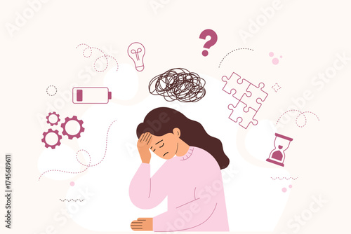 Tired woman feeling stressed and mentally exhausted. Low energy, burnout, overthinking and anxiety concept. Flat illustration of fatigue, mental overload, depression, stress and emotional exhaustion.