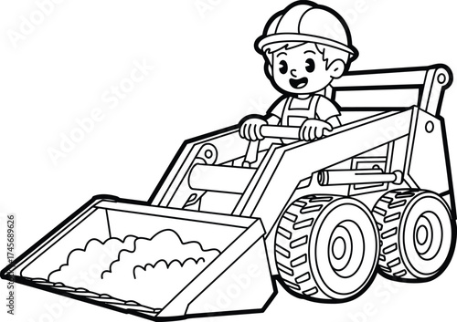 Cute cartoon boy wearing hard hat driving a skid steer loader