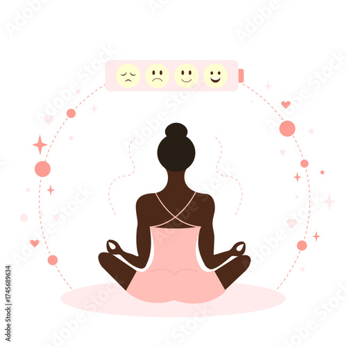 Vector illustration of a woman meditating in lotus pose with emotional battery icons above. Concept of mindfulness, stress relief, positive energy, mental health, self-care, and emotional balance.