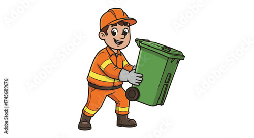 Trash collection worker character illustration. Cheerful male employee in an orange uniform lifting a green bin. Waste management and public service concept