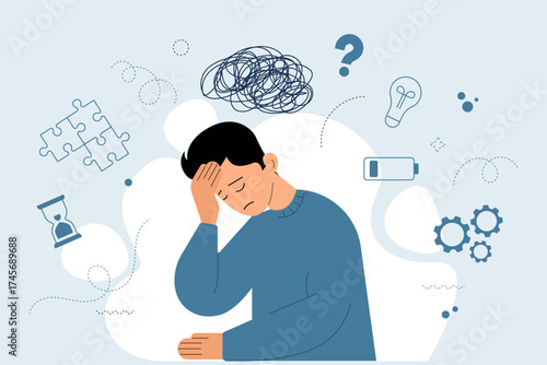 Sad tired man holding his head, symbolizing stress, anxiety, depression, mental fatigue, and emotional exhaustion. Concept of burnout, overwork, low energy, and psychological problems. Flat vector ill
