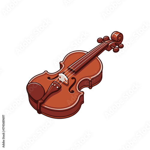 A beautifully crafted wooden violin resting on a clean surface, showcasing intricate details and design
