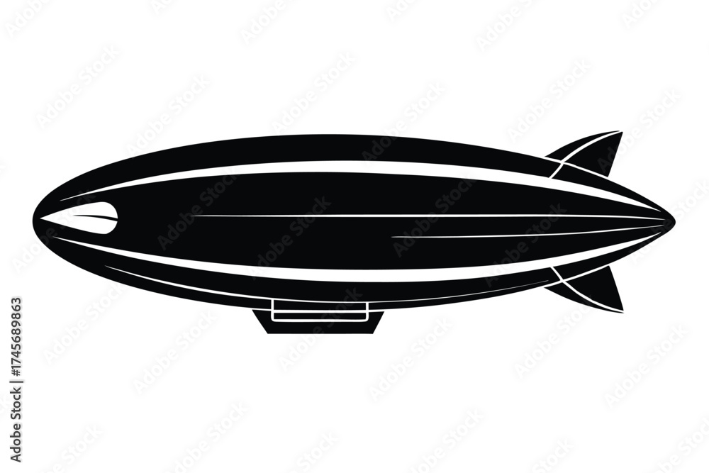 Fototapeta premium Black Silhouette of Classic Airship, Zeppelin Style with Gondola and Tail Fins Details