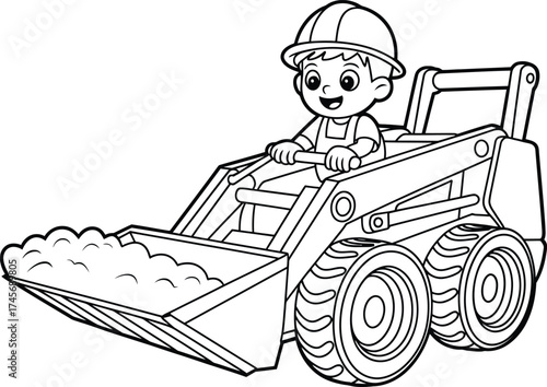 Cute cartoon boy wearing hard hat driving a small construction skid steer loader