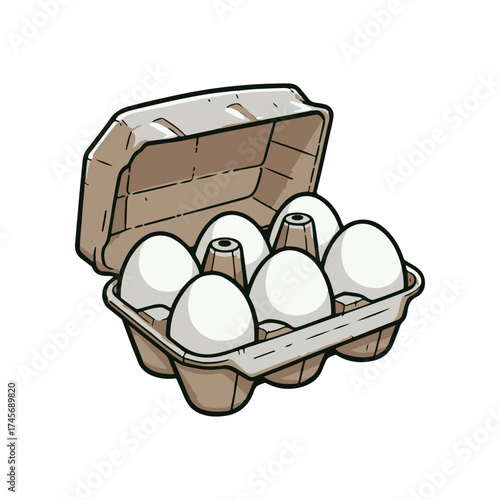 A carton containing six white eggs, displayed against a plain background, ideal for culinary use