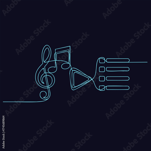 Minimalist neon line art of musical notes and sound waves on a dark