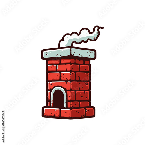 A cartoon-style red brick chimney with smoke rising, set against a white background