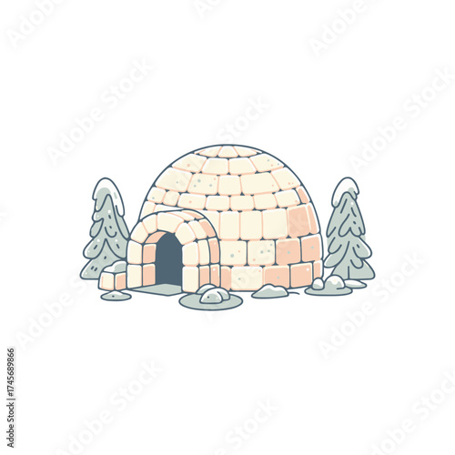A charming igloo nestled among snow-covered trees in a serene winter landscape