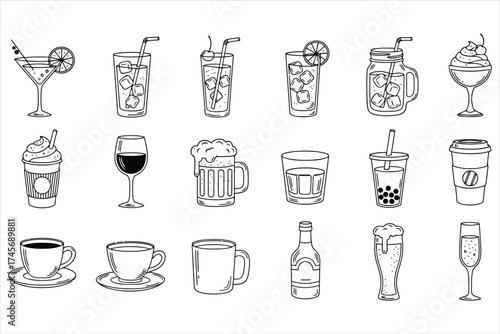 Vector art of collection of various drinks, including cocktails, coffee, beer, and other beverages