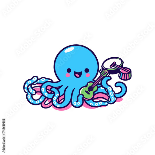A cheerful blue octopus playing a ukulele and tambourine, set against a simple white background