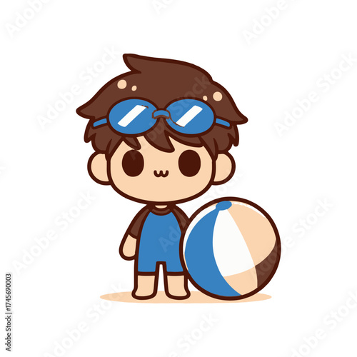 A cheerful child in a blue swimsuit holding a beach ball, ready for summer fun at the beach