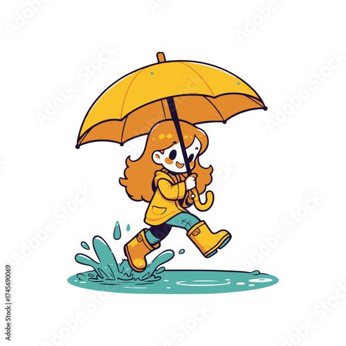 A cheerful child in a yellow raincoat jumps in a puddle with an umbrella on a rainy day