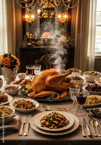 Decoración de Thanksgiving con una mesa bellamente dispuesta llena de platillos festivos y un pavo humeante