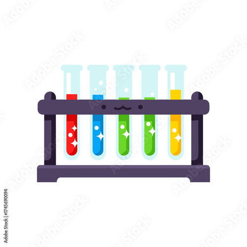 Colorful laboratory test tubes filled with liquids in a rack, showcasing scientific experimentation