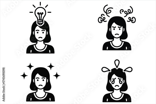 Vector art of set of woman facial expressions, including idea, anger, happy, and sadness