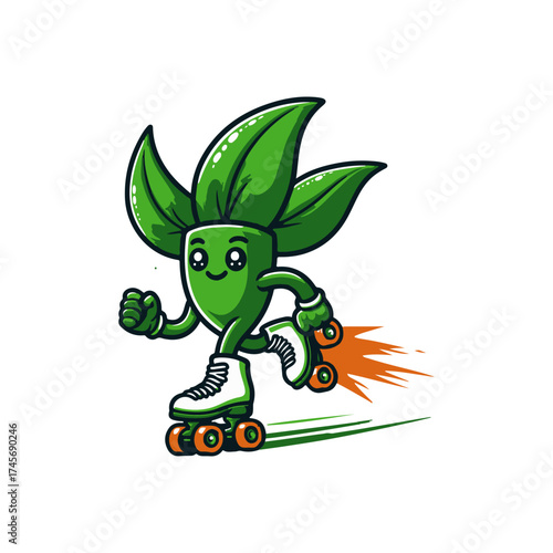 A cheerful green plant character on roller skates, zooming through a vibrant park setting