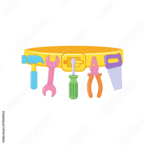Colorful tool belt with various tools including a hammer, wrench, screwdriver, pliers, and saw, isolated on a white background