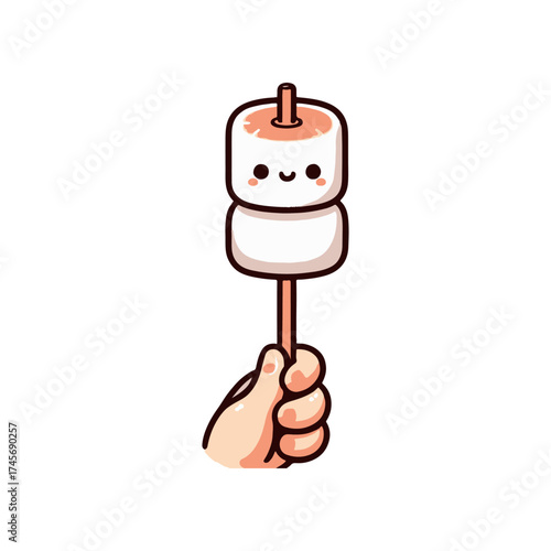 A cheerful hand holding a smiling marshmallow on a stick, perfect for summer campfire fun