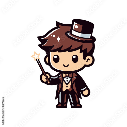 A cheerful magician in a tuxedo and top hat performing magic tricks with a wand