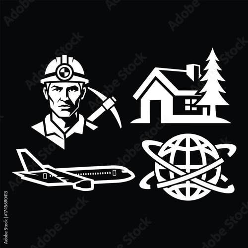 Mining, Real Estate, Travel, and Global Business Icons miner house home airplane globe industry construction transportation