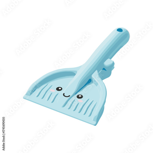 Cute blue dustpan with a smiling face, isolated on a white background, ideal for cleaning use