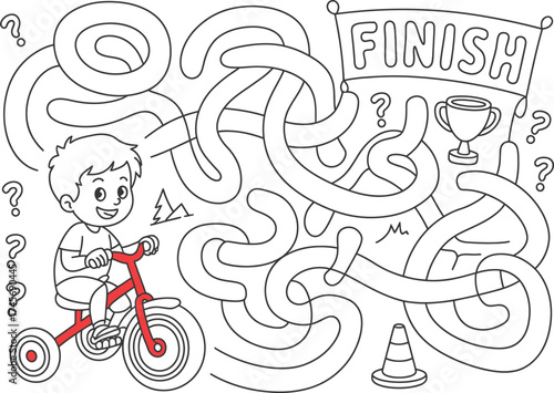Boy on a tricycle navigating a challenging maze to reach the finish line