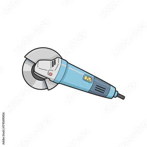 A blue angle grinder positioned diagonally, showcasing its sharp blade and ergonomic design, ideal for construction and DIY projects