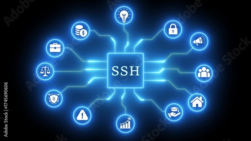 SH security concept with interconnected icons and glowing blue lines on black background encryption