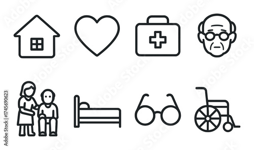 Elderly care icons featuring home, heart, health kit, and more on black background