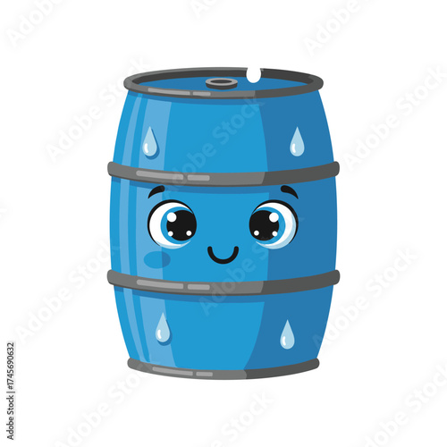 A cheerful blue barrel character with a smiling face and water droplets, set against a white background