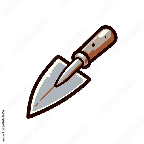 A close-up view of a gardening trowel with a wooden handle, ideal for planting in a vibrant garden