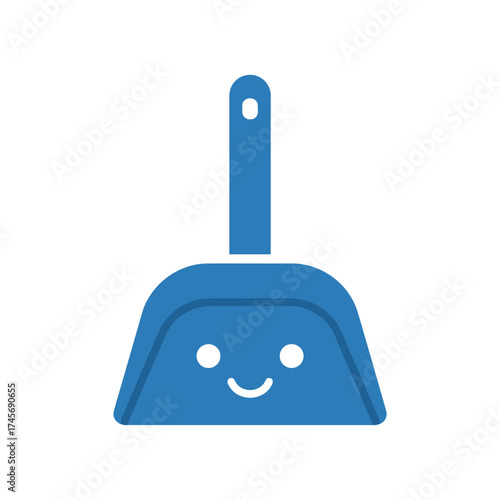 A cheerful blue dustpan with a smiling face, set against a simple background, symbolizing cleanliness
