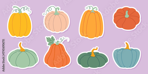 Pumpkin sticker set. Pumpkin and squash different colors and sizes. Hand drawn trendy flat style isolated. Thanksgiving, farm harvest. Vector illustration