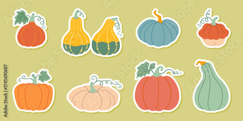 Pumpkin sticker set. Pumpkin and squash different colors and sizes. Hand drawn trendy flat style isolated. Thanksgiving, farm harvest. Vector illustration