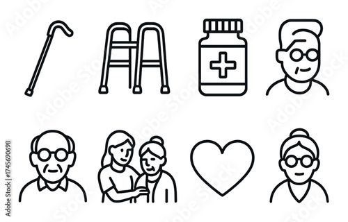 Elderly care icons set: walking cane, walker, medicine, elderly people, heart symbol