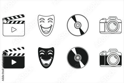 Illustration of movie and entertainment icons, film, camera, mask, and disc
