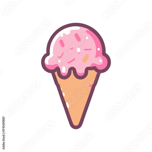 A colorful illustration of a pink ice cream cone with sprinkles against a white background