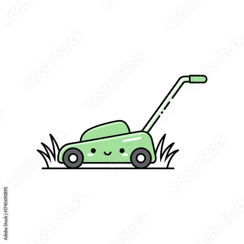 A cheerful cartoon lawn mower cutting grass in a sunny garden with vibrant greenery