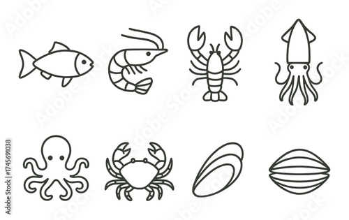 Outline illustrations of various seafood creatures on dark background